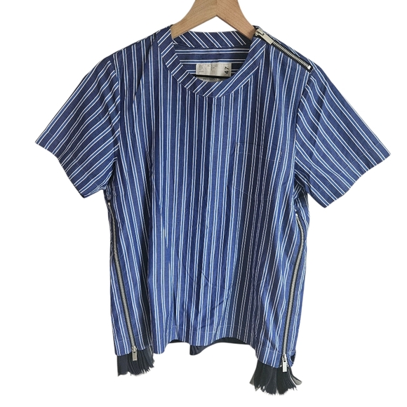 Sacai Tops - Sacai Blue Striped Cotton Pleated Detail Short Sleeve Blouse